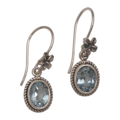 Blue topaz dangle earrings, 'Plumeria Dreams' - Blue Topaz Dangle Earrings with Floral Motifs