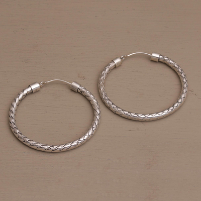 Sterling silver hoop earrings, 'Celuk Circles' (1.25 inch) - Sterling Silver Hoop Earrings with Woven Design (1.25 Inch)