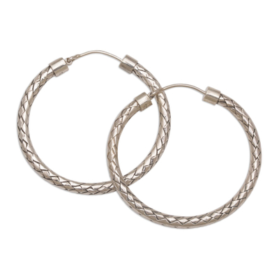 Sterling silver hoop earrings, 'Celuk Circles' (1.25 inch) - Sterling Silver Hoop Earrings with Woven Design (1.25 Inch)