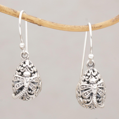 Sterling silver dangle earrings, 'Dragonfly's Rest' - Dainty Egg Shaped Silver Earrings with Dragonflies