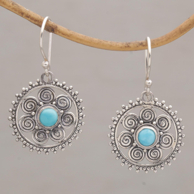Sterling silver dangle earrings, 'Birth of the Sun' - Sterling Silver Dangle Sun Earrings Reconstituted Turquoise