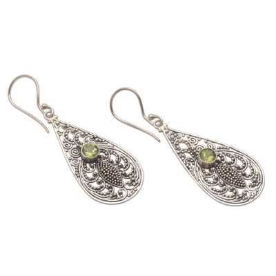 Peridot dangle earrings, 'Jawan Crest' - Peridot and Sterling Silver Balinese Style Earrings