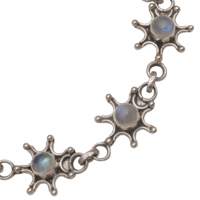 Rainbow moonstone link bracelet, 'Captive Light' - Rainbow Moonstone Sun Motif Silver Link Bracelet
