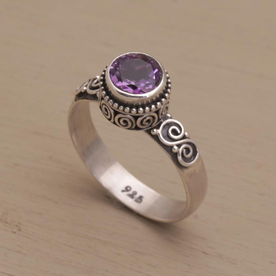 Amethyst single stone ring, 'Shadow Of The Crown' - Amethyst Single Stone Ring in Sterling Silver
