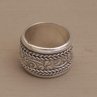 Spinner-Ring aus Sterlingsilber, 'Floral Focus' - Breiter Sterling Silber Spinner Ring mit floralen Motiven
