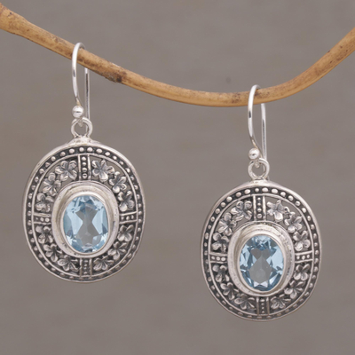 Blue topaz dangle earrings, Plumeria Shield