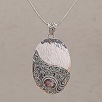 Amethyst pendant necklace, 'Celuk Shield' - Amethyst and Sterling Silver Pendant Necklace from Bali