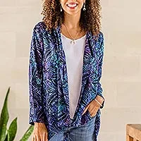 Batik rayon kimono jacket, 'Batik Garden' - Black and Royal Blue Floral Batik Long Kimono Jacket