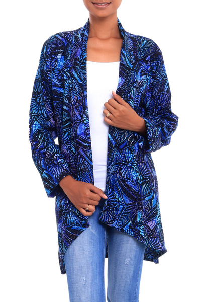 Batik rayon kimono jacket, 'Batik Garden' - Black and Royal Blue Floral Batik Long Kimono Jacket