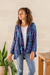 Batik rayon kimono jacket, 'Batik Garden' - Black and Royal Blue Floral Batik Long Kimono Jacket (image 2b) thumbail
