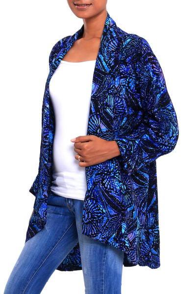 Chaqueta tipo kimono de rayón batik - Chaqueta Kimono Larga Batik Floral Negro y Azul Royal