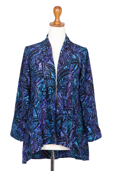 Batik rayon kimono jacket, 'Batik Garden' - Black and Royal Blue Floral Batik Long Kimono Jacket