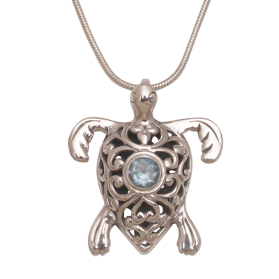 Blue topaz pendant necklace, 'Tulamben Turtle' - Handcrafted Sterling Silver Turtle Necklace with Blue Topaz