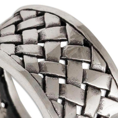 Sterling silver band ring, 'Bamboo Mat' - Wide Sterling Silver Band Ring with Woven Motif