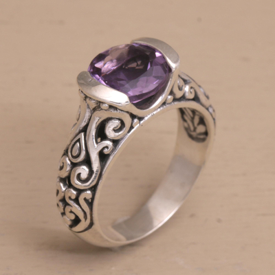 Amethyst single-stone ring, 'Vine Embrace' - Two Carat Amethyst and Sterling Silver Ring