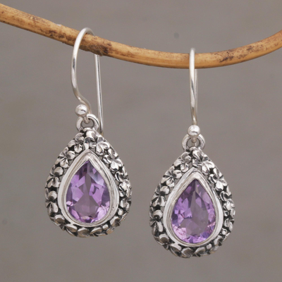 Amethyst dangle earrings, 'Jepun Lilac' - Frangipani Flower Dangle Earrings with Amethyst Gems