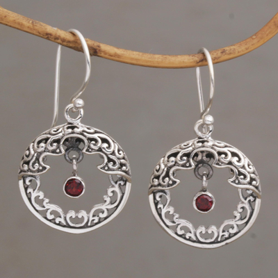 Garnet dangle earrings, 'Uluwatu Moon' - Ornate Balinese Earrings in Sterling Silver and Garnet