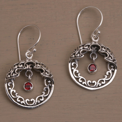 Garnet dangle earrings, 'Uluwatu Moon' - Ornate Balinese Earrings in Sterling Silver and Garnet