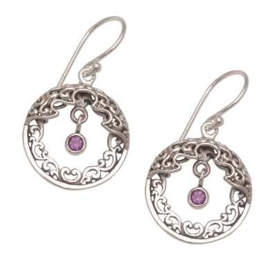 Amethyst dangle earrings, 'Uluwatu Moon' - Ornate Sterling Silver Balinese Earrings with Amethyst