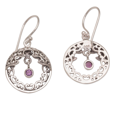 Amethyst dangle earrings, 'Uluwatu Moon' - Ornate Sterling Silver Balinese Earrings with Amethyst