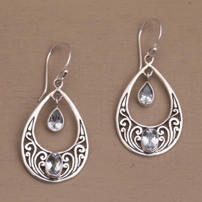 Blue topaz dangle earrings, 'Sukawati Treasure' - 1.5 Carat Blue Topaz and Sterling Silver Earrings