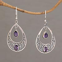 Amethyst dangle earrings, 'Sukawati Treasure' - Amethyst and Sterling Silver Dangle Style Earrings