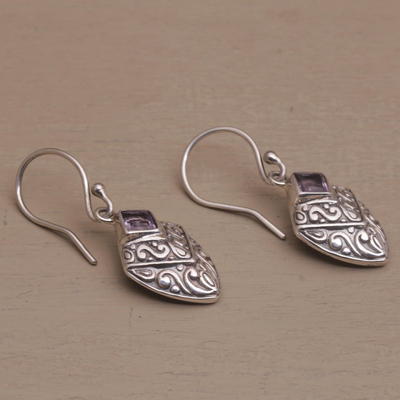 Amethyst dangle earrings, 'Rain Forest Beacon' - Handcrafted Balinese Amethyst and Sterling Silver Earrings