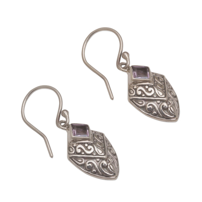 Amethyst dangle earrings, 'Rain Forest Beacon' - Handcrafted Balinese Amethyst and Sterling Silver Earrings