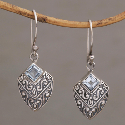 Blue topaz dangle earrings, 'Rain Forest Beacon' - Modern Balinese Blue Topaz Dangle Earrings