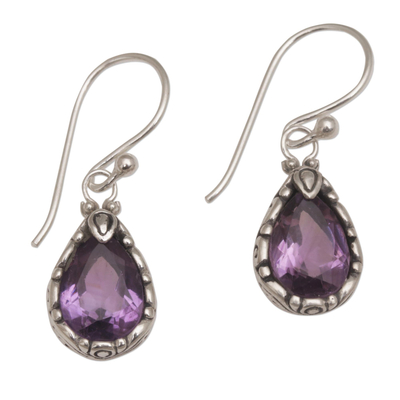 Amethyst dangle earrings, 'Dewdrops at Dawn' - Artisan Handcrafted Silver and Amethyst Earrings from Bali