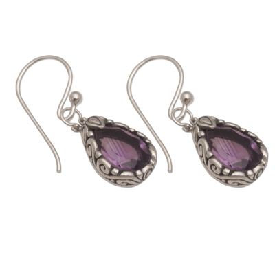 Amethyst dangle earrings, 'Dewdrops at Dawn' - Artisan Handcrafted Silver and Amethyst Earrings from Bali