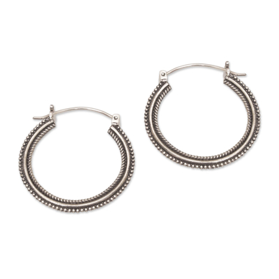 Sterling Silver Hoop Earrings with Textured Details (1.4 In)