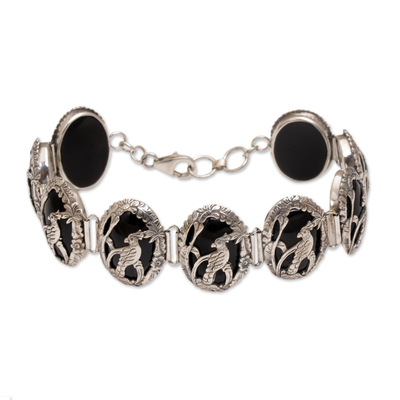 Onyx and Sterling Silver Link Bracelet with Cockatoo Motif