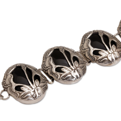 Onyx link bracelet, 'Floral Plains' - Balinese Onyx and Sterling Silver Calla Lily Bracelet