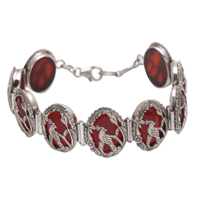 Carnelian link bracelet, 'Cockatoo Garden' - Carnelian and Silver Bird Themed Link Bracelet from Bali