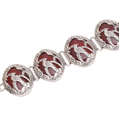 Carnelian link bracelet, 'Cockatoo Garden' - Carnelian and Silver Bird Themed Link Bracelet from Bali