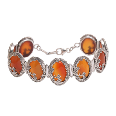 Carnelian link bracelet, 'Dreamy Forest' - Sterling Silver and Carnelian Floral Link Bracelet