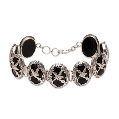 Bird Themed Black Onyx and Silver Link Bracelet
