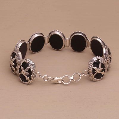 Onyx link bracelet, 'Nature's Freedom' - Bird Themed Black Onyx and Silver Link Bracelet