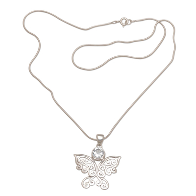 Blue topaz pendant necklace, 'Butterfly Secret' - Handcrafted Blue Topaz Sterling Silver Butterfly Necklace