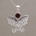 Garnet pendant necklace, 'Butterfly Secret' - Balinese Garnet and Sterling Silver Butterfly Necklace