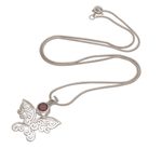 Garnet pendant necklace, 'Butterfly Secret' - Balinese Garnet and Sterling Silver Butterfly Necklace