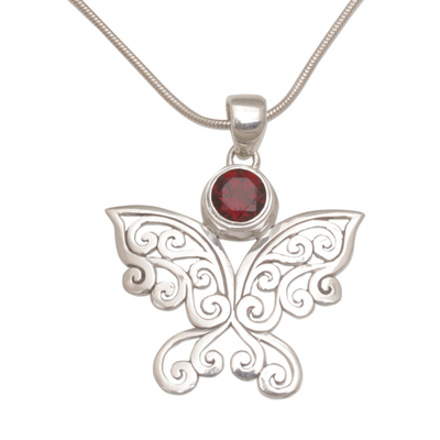 Garnet pendant necklace, 'Butterfly Secret' - Balinese Garnet and Sterling Silver Butterfly Necklace