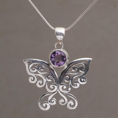 Amethyst pendant necklace, 'Butterfly Secret' - Handcrafted Amethyst and Sterling Silver Butterfly Necklace