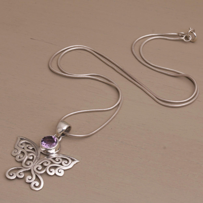 Amethyst pendant necklace, 'Butterfly Secret' - Handcrafted Amethyst and Sterling Silver Butterfly Necklace