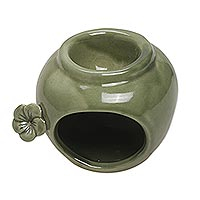 Ceramic oil warmer, 'Frangipani Scent' - Green Ceramic Floral Motif Oil Warmer from Bali