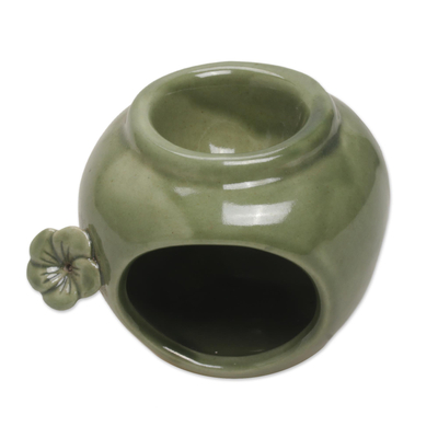 Green Ceramic Floral Motif Oil Warmer from Bali