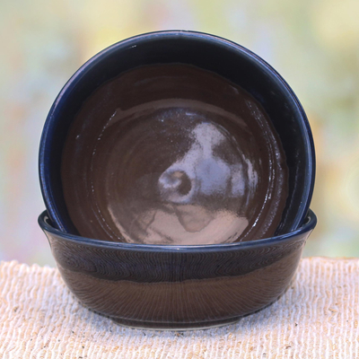 Cuencos pequeños de cerámica, (par) - Cuencos Pequeños De Cerámica Con Esmalte Gris Y Azul (Pareja)