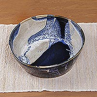 Ceramic serving bowl, 'Ocean Tides' - Decorative and Food Safe Ceramic Bowl from Bali