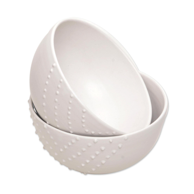 Ceramic bowls, 'Chevron Dot' - Chevron Dot Motif White Ceramic Soup Bowls (Pair)